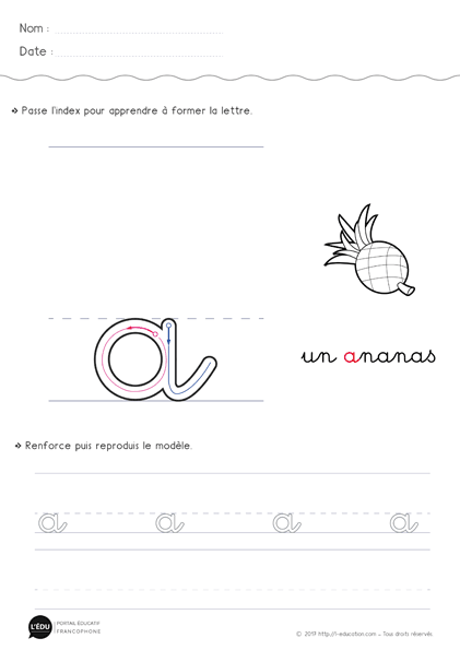 écrire la lettre a minuscule en cursive avec levée de main MS GS
