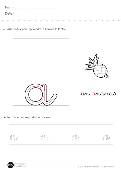 écrire la lettre a minuscule en cursive sans levée de main MS GS