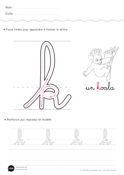 écrire la lettre k minuscule en cursive MS GS