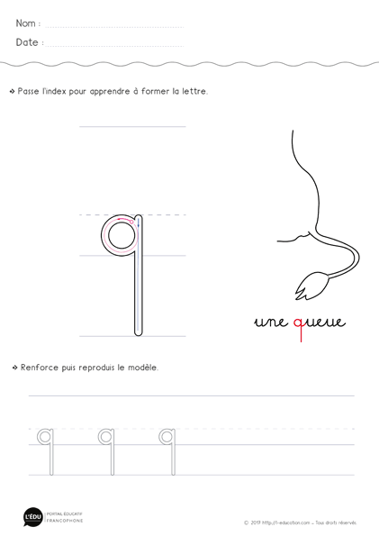 écrire la lettre q minuscule en cursive avec levée de main MS GS