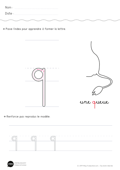 écrire la lettre q minuscule en cursive sans levée de main MS GS