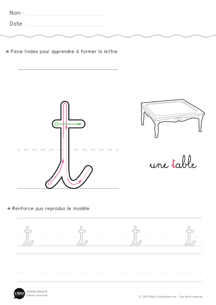 écrire la lettre t minuscule en cursive MS GS