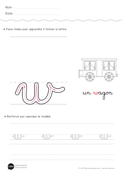écrire la lettre w minuscule en cursive MS GS