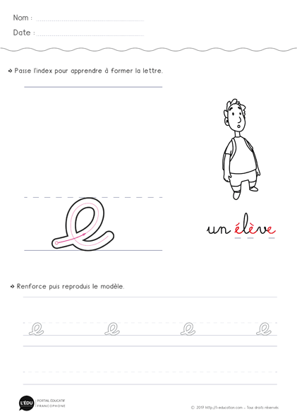 écrire la lettre e minuscule en cursive MS GS