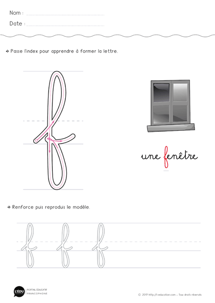écrire la lettre f minuscule en cursive MS GS