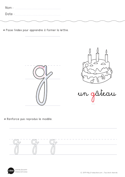 écrire la lettre g minuscule en cursive avec levée de main MS GS