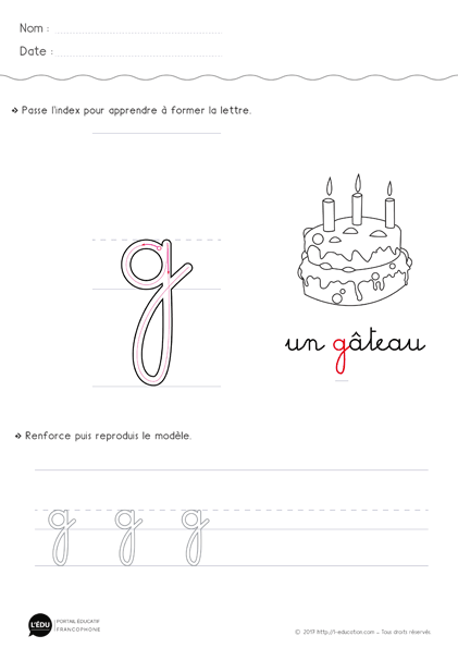 écrire la lettre g minuscule en cursive sans levée de main MS GS