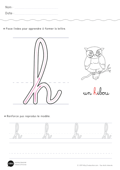 écrire la lettre h minuscule en cursive MS GS