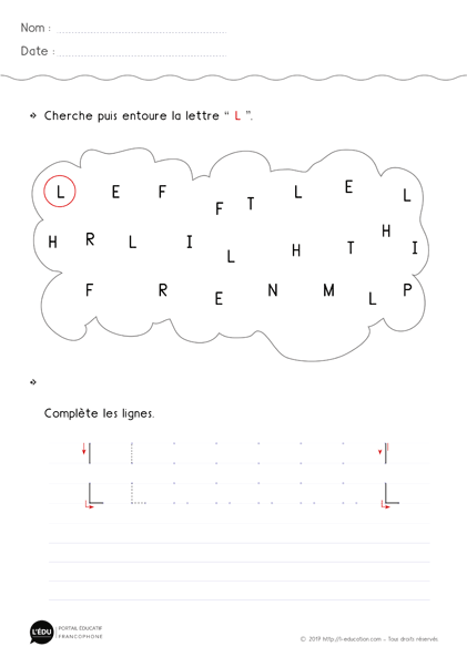 fiche d'écriture maternelle gs capitale dimprimerie lettre l