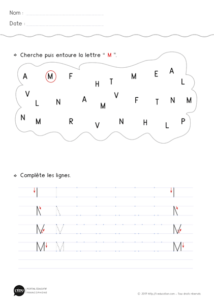 fiche d'écriture maternelle gs capitale dimprimerie lettre m