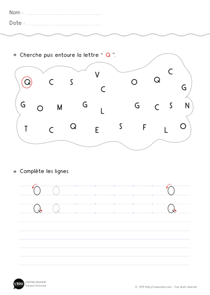 ecriture Maternelle Grande Section a imprimer Majuscule d'imprimerie lettre q