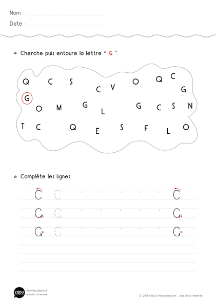 ecriture Maternelle Grande Section a imprimer Majuscule d'imprimerie lettre g