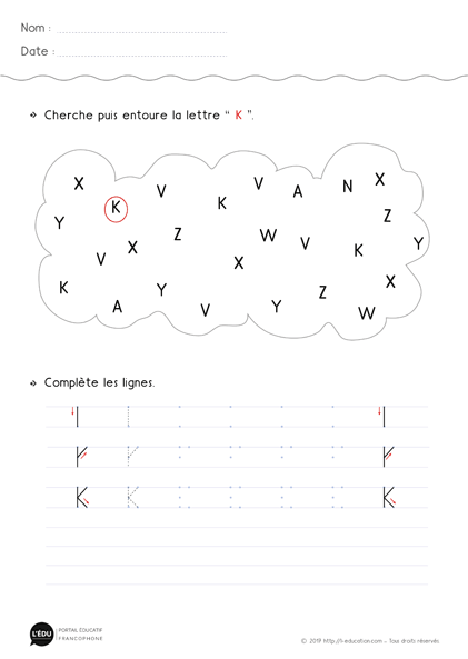 fiche d'écriture à imprimer lettre k en Majuscule d'imprimerie