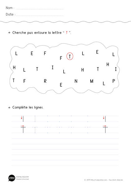 fiche d'écriture maternelle gs capitale dimprimerie lettre t