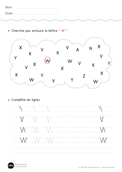 fiche d'écriture à imprimer lettre w en Majuscule d'imprimerie