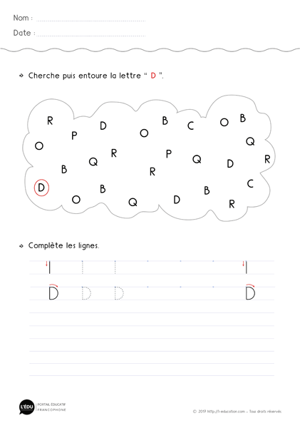 fiche d'écriture à imprimer lettre d en Majuscule d'imprimerie