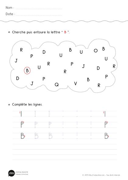 fiche d'écriture à imprimer lettre b en Majuscule d'imprimerie