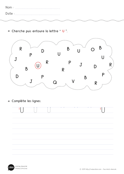 fiche d'écriture à imprimer lettre u en Majuscule d'imprimerie