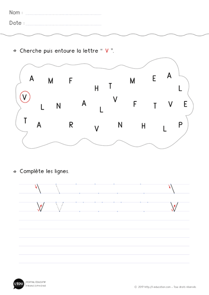 fiche d'écriture maternelle gs capitale dimprimerie lettre v