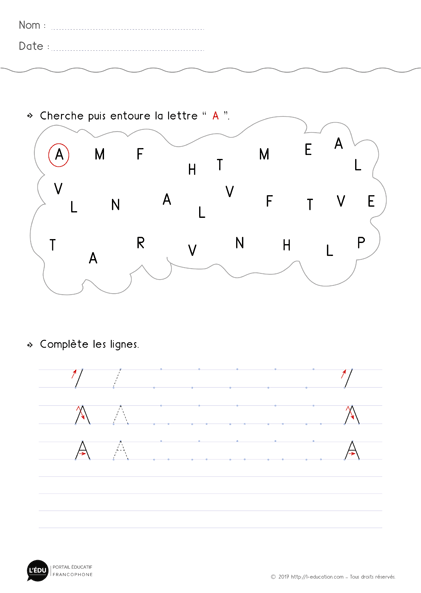 fiche d'écriture maternelle gs capitale dimprimerie lettre a