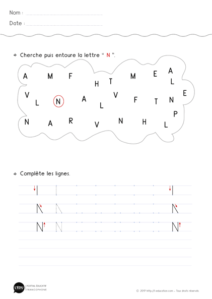 fiche d'écriture maternelle gs capitale dimprimerie lettre n