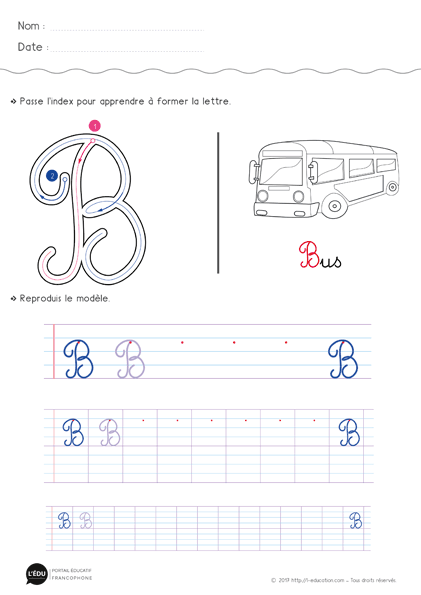 Écrire la lettre b majuscule cursive - Fiche lettre b majuscule à imprimer