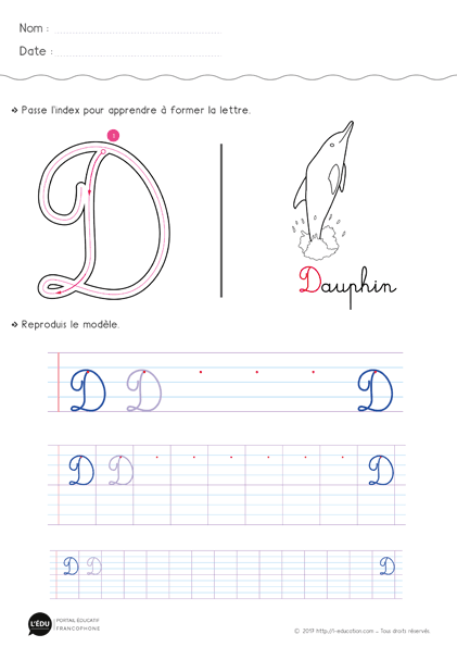 Écrire la lettre d majuscule cursive - Fiche lettre d majuscule à imprimer