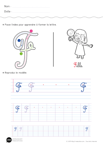 Écrire la lettre f majuscule cursive - Fiche lettre f majuscule à imprimer