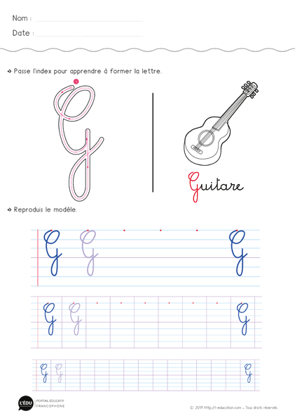 Écrire la lettre g majuscule cursive - Fiche lettre g majuscule à imprimer