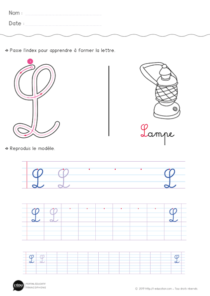 Écrire la lettre l majuscule cursive - Fiche lettre l majuscule à imprimer