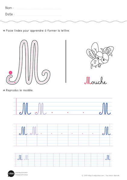 Écrire la lettre m majuscule cursive - Fiche lettre m majuscule à imprimer