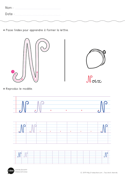 Écrire la lettre n majuscule cursive - Fiche lettre n majuscule à imprimer