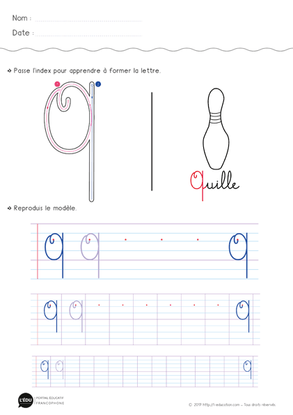 Écrire la lettre q majuscule cursive - Fiche lettre q majuscule à imprimer