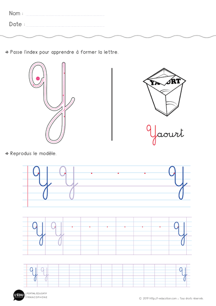 Écrire la lettre y majuscule cursive - Fiche lettre y majuscule à imprimer