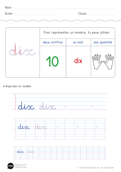 écriture des chiffres en lettres - écrire le nombre 10