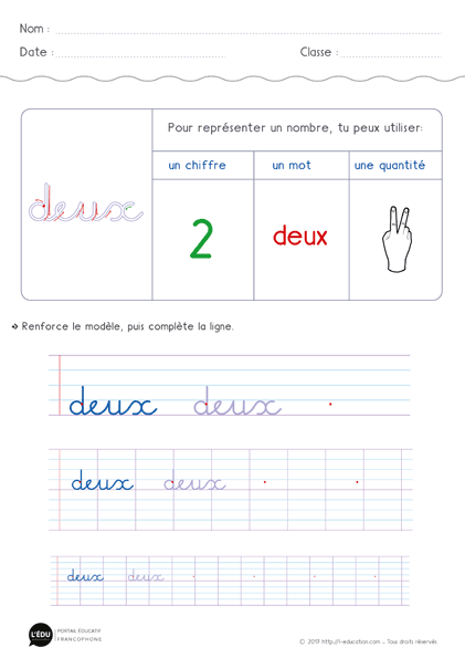 écriture des chiffres en lettres - écrire le nombre 2