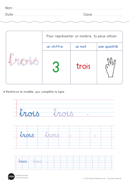écriture des chiffres en lettres - écrire le nombre 3