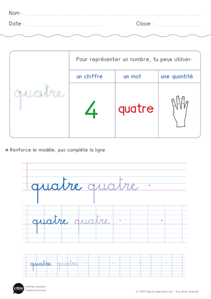 écriture des chiffres en lettres - écrire le nombre 4