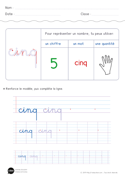 écriture des chiffres en lettres - écrire le nombre 5