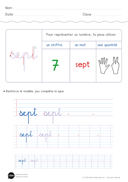 écriture des chiffres en lettres - écrire le nombre 7
