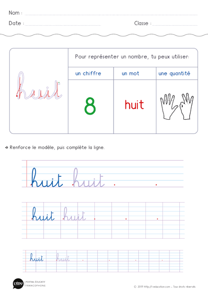 écriture des chiffres en lettres - écrire le nombre 8