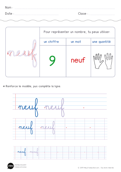 écriture des chiffres en lettres - écrire le nombre 9