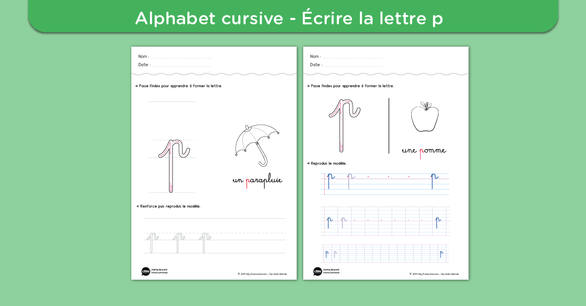 Écrire la lettre p minuscule cursive - Fiche lettre p minuscule à imprimer