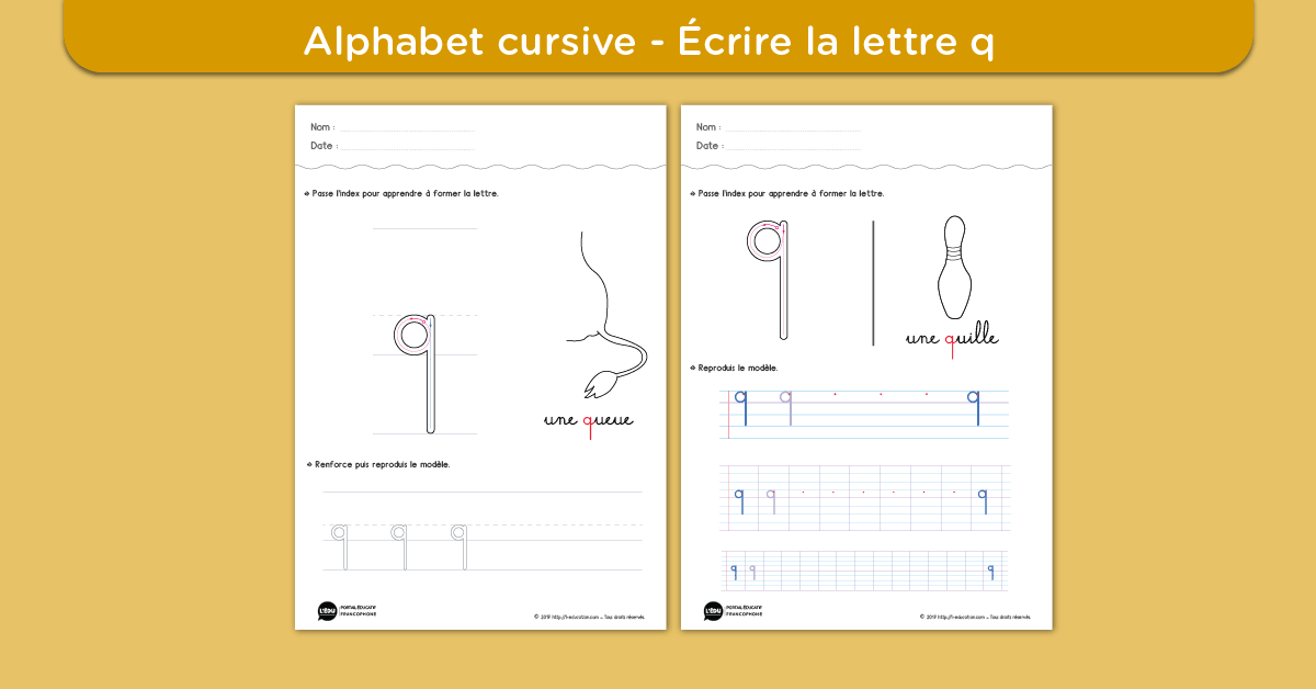Écrire la lettre q minuscule cursive - Fiche lettre q minuscule à imprimer