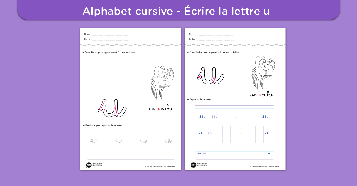 Écrire la lettre u minuscule cursive - Fiche lettre u minuscule à imprimer
