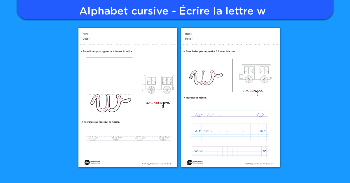 Écrire la lettre w minuscule cursive - Fiche lettre w minuscule à imprimer