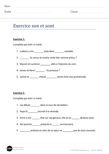 exercices homophones son sont imprimer - Exercices d'orthographe son sont