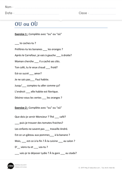 exercices homophones ou où imprimer - Exercices d'orthographe ou où