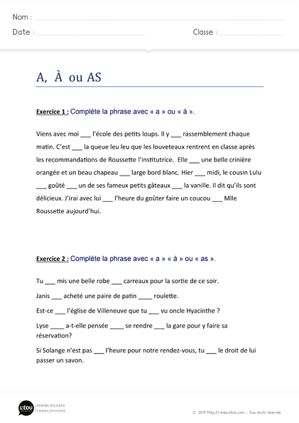 exercices homophones a à as à imprimer - Exercices d'orthographe a à as