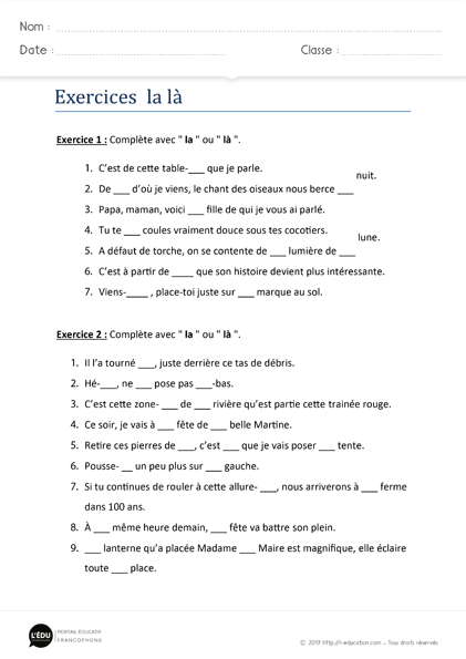 exercices homophones la là imprimer - Exercices d'orthographe la là